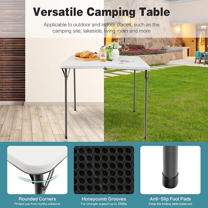 Giantex Portable Folding Table, Foldable Picnic Table with All-Weather HDPE Tabletop, Metal Frame & Carry Straps, Heavy Duty Outdoor Camping Table, Lightweight Card Table for Beach, BBQ, Party (White)