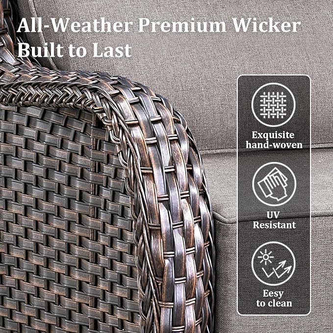 Luxury Patio Furniture Set with 42.5" Fire Pit Table, 6 Pieces High Back All Weather Wicker Outdoor Furniture w/ 6-Inch Thick Cushions, Patio Swivel Chairs Couch for Deck Balcony Backyard Brown/Grey