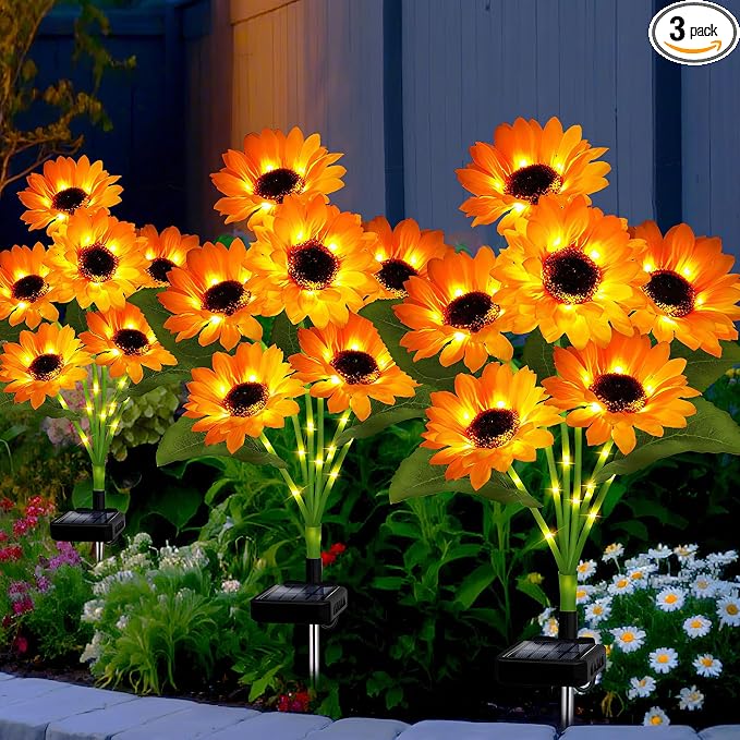 Solar Garden Lights Outdoor, 3 Pack Solar Sunflower Lights with 18 Head 3.45 Inch Flowers, Waterproof Flowers Light Fall Thanksgiving Decorations for Garden Yard Patio Backyard, Gifts for Mom Women