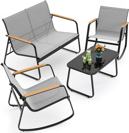 Ahomly 4-Piece Outdoor Patio Furniture Set, All Weather-Resistant Textile Fabric Outdoor Conversation Set with Coffee Table, Patio Rocking Chairs for Lawn, Balcony, Poolside (Grey)