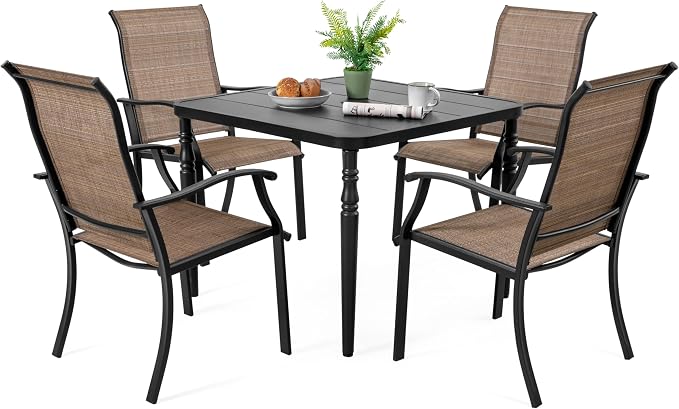 NUU GARDEN 5-Piece Patio Dining Set with Umbrella Hole Includes Slatted Square Table and 4 Ergonomic Textilene Chairs All-Weather Furniture for Garden Backyard Deck Poolside Black Brown