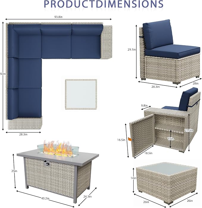 7 Piece Patio Furniture Set with 50,000 BTU Rattan Fire Pit Table that Converts to Coffee Table, 9.8" Wide Arm Sectional Sofa with Storage Armrests, Outdoor Rattan Conversation Set, Blue