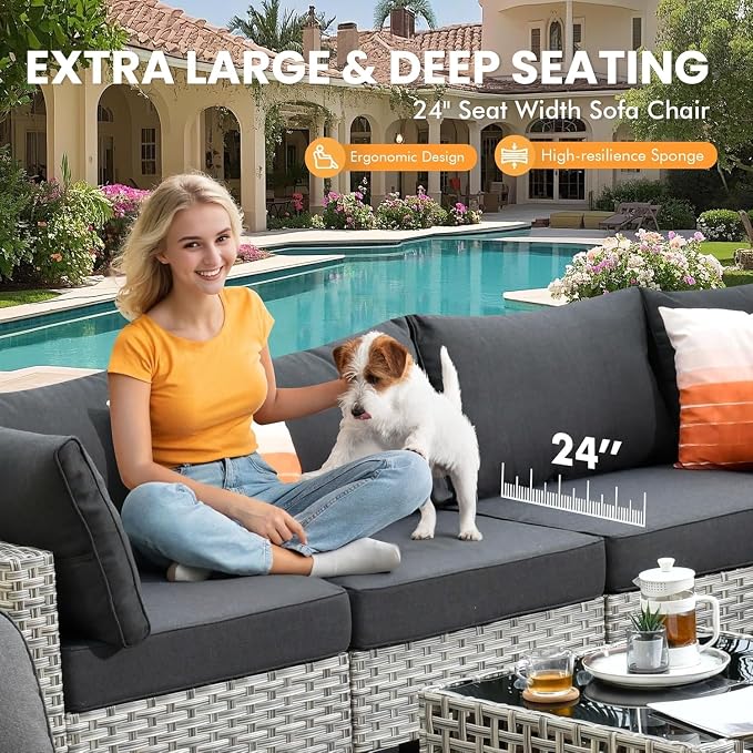 Patio Sectional Outdoor Furniture Set with Swivel Rocking Chairs and Glowing Table,8 Pieces Wicker Conversation Sets Modular Couch Out Door Sofa Outside Furniture for Garden Deck Yard Porch,Black