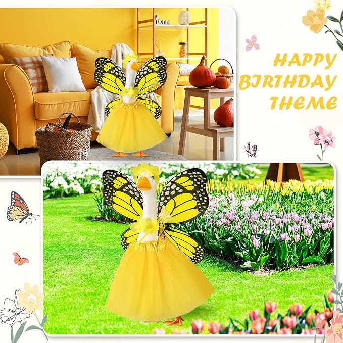 5pcs Butterfly Porch Goose Outfit Costume Tutu Skirt Butterfly Wing Wand Flower Crown for 17‘' 23‘' Cement Goose