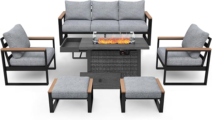 Sundale Outdoor Aluminum Patio Furniture Set, 6 Piece Outdoor Conversation Sets with Fire Pit and 6" Thick Olefin Cushions, All Weather Outdoor Sectional Set for Deck, Lawn, Yard