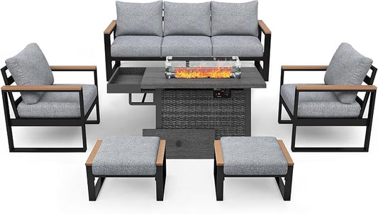 Sundale Outdoor Aluminum Patio Furniture Set, 6 Piece Outdoor Conversation Sets with Fire Pit and 6" Thick Olefin Cushions, All Weather Outdoor Sectional Set for Deck, Lawn, Yard