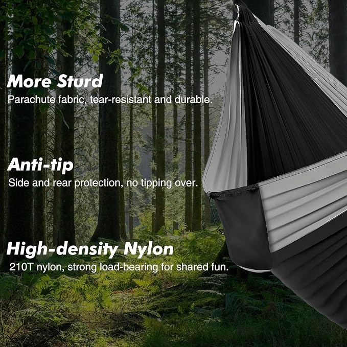 Adult Double Camping Hammock, 10ft x 6.5ft (300x200cm), Orange and Gray, 210T Nylon, 500 Lbs Weight Capacity, Portable with Storage Bag, d-Rings & Wide Straps, Breathable & Durable for Outdoor, Campin