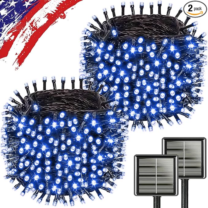 KAQ 2pack 500LED Solar String Lights Outdoor Waterproof Blue | Total 180FT Flexible Wire With Bright LEDs, 8 Twinkle Modes with Memory, Auto On/Off Easily Decorates Trees, Fences, Garden
