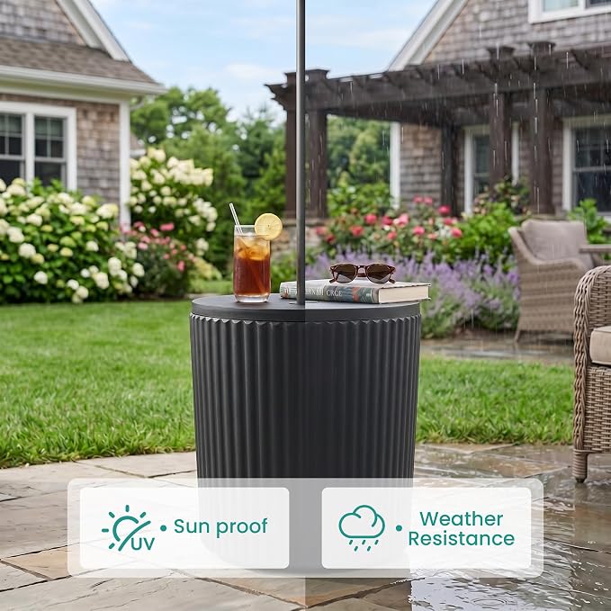 SUNBURY Umbrella Side Table, Outdoor Patio Table with Umbrella Hole for Porch, Round Base Outdoor Garden Stand for Modern Coffee, Picnic or Poolside Table, Easy Assembly, Black