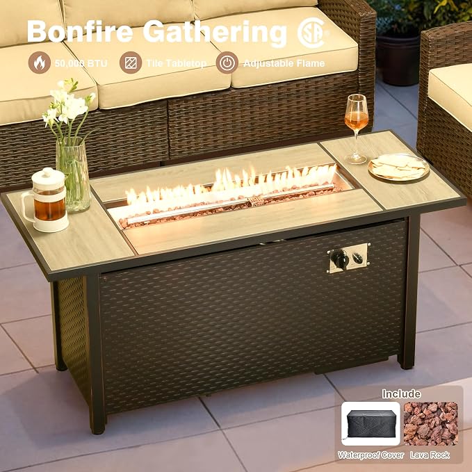 ovios 8 Pieces Patio Furniture Set, Outdoor Wicker Sofa Couch with 54" Fire Pit Table Comfy Cushions, All Weather Brown Rattan Conversation Set for Backyard Deck, Beige