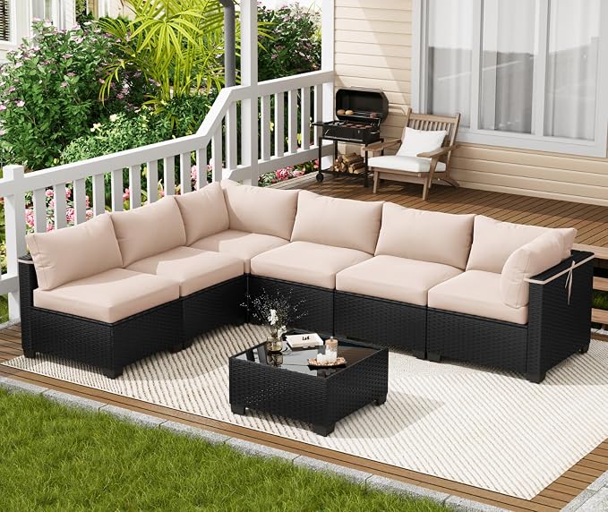 LOUVIXA 7 Piece Outdoor Patio Furniture Set, Outdoor Sectional Sofa, Wicker Rattan Patio Furniture, Patio Conversation Set with Coffee Table & Cushions