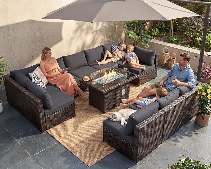 NICESOUL 11 Piece Outdoor Furniture Set with Fireplace, Luxury Patio Sectional Sets 10-Seater, Chill 29.3'' High-Back Backyard Seating, All-Weather Rattan Couch Sofa for Outside, Deck, Brown & Grey