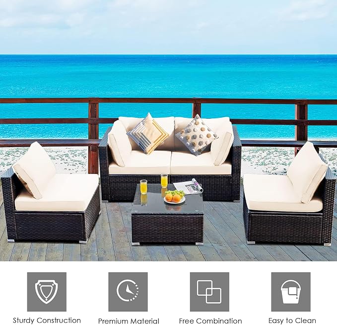 DORTALA 5 Pieces Patio Furniture Set, Outdoor Rattan L-Shaped Corner Sofa Set with Cushions, Coffee Table, Patio Sectional Conversation Set for Backyard Porch Garden Poolside, White