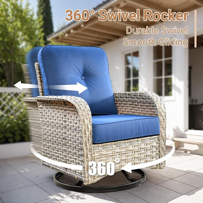HOOOWOOO Sectional Patio Furniture Set with Fire Pit Table,12 Pieces Wicker Outdoor Furniture L Shaped Couch,Outside Conversation Set Extra Deep Seat Sofa Wide Arm Swivel Chairs Solar Light,Navy Blue