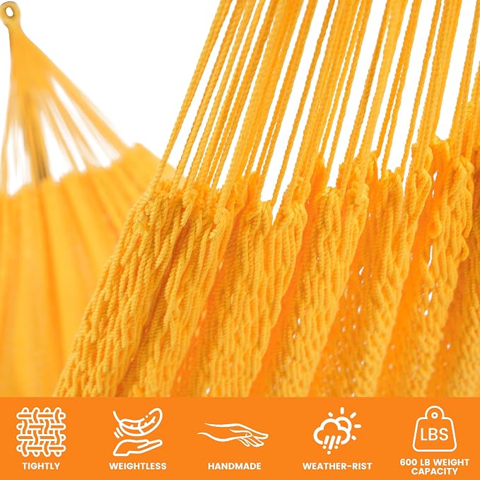 Lazy Daze Hammocks Handwoven XL Mayan Hammock, 10.5 FT Soft Rope Double Hammocks, Portable Outdoor Hammock with Carry Bag, 2 Straps & Carabiners for Patio Outside, 550 lbs Weight Capacity, Yellow