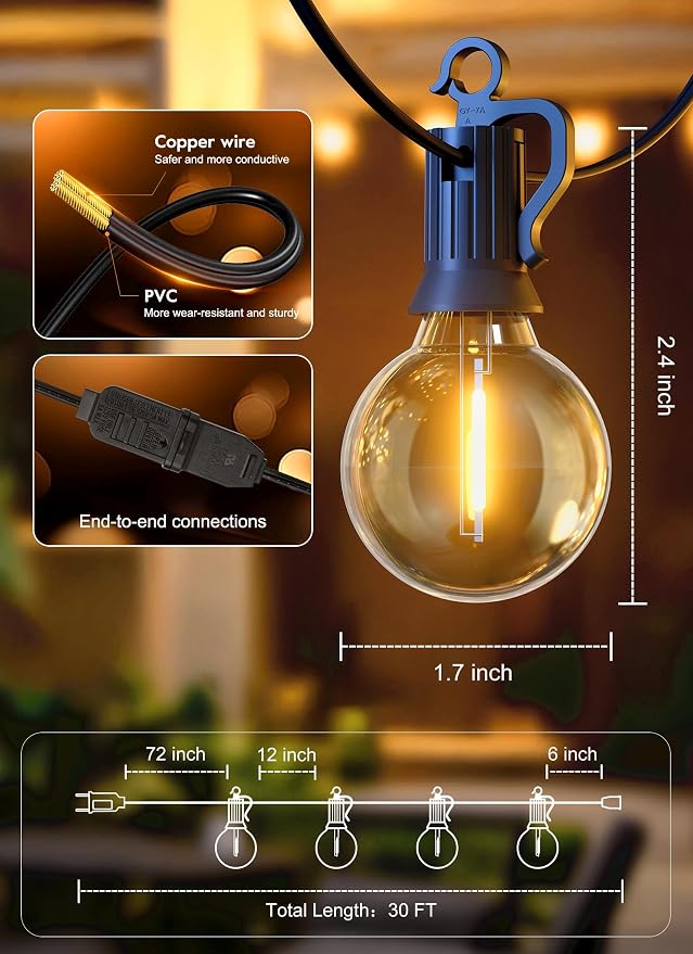 Brightown Outdoor String Lights, 30FT G40 LED IP65 Waterproof Patio Lights | 25 Shatterproof Edison Bulbs, Plug-In, Dimmable, Connectable, Outside Light for Backyard Porch Party Christmas Decorative