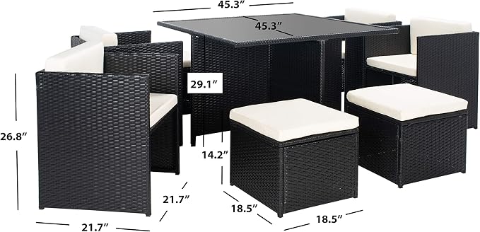 SAFAVIEH Outdoor Collection Klena Black Rattan/Beige Cushion 9-Piece Patio Backyard Dining Set