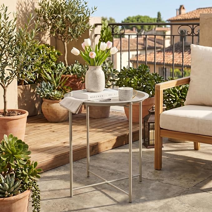 VECELO Side/End Table, Folding Round Metal Anti-Rust and Waterproof Outdoor or Indoor Tray for Living Room Bedroom Balcony and Office, 2 PCS, Grey