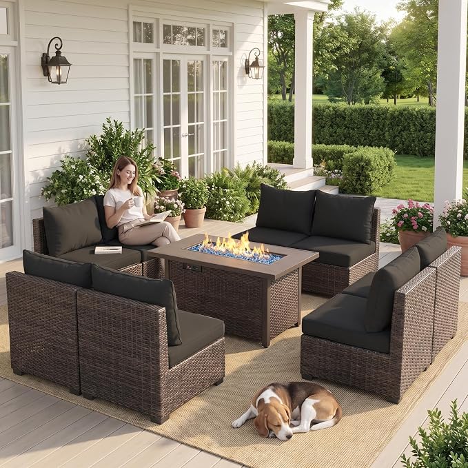 9 Pieces Outdoor Sectional Patio Furniture Set with Fire Pit Table PE Rattan Wicker Patio Sectional Armless Conversation Set with Cushions Black