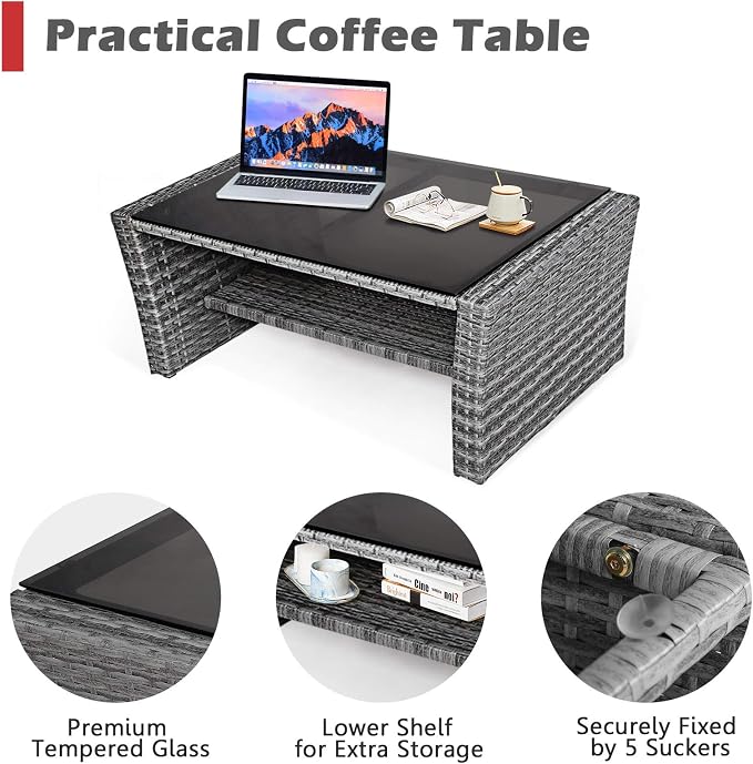 HAPPYGRILL 4 Piece Patio Rattan Furniture Set Outdoor Conversation Set with Cushions and Coffee Table, Sectional Wicker Sofa Set for Garden Porch Balcony Poolside