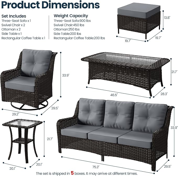 Kullavik 7 Pieces Patio Furniture Set,All-Weather Wicker High Back Outdoor Swivel Rocker Patio Chairs with Coffee Table & Thick Cushions,Paito Conversation Set for Porch,Deck,Grey