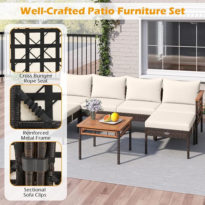 Tangkula 7 Pieces U Shaped Outdoor Wicker Furniture Set, Patio Cushioned Rattan Chairs with Ottomans & Side Table, for Backyard, Porch, Balcony