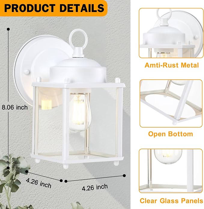 Outdoor Wall Light, Porch Lamp, Rustproof Waterproof, White | Exterior Wall Sconce Fixture for House, Garage, Patio, Metal Housing with Glass, E26 Base, 4 Pack