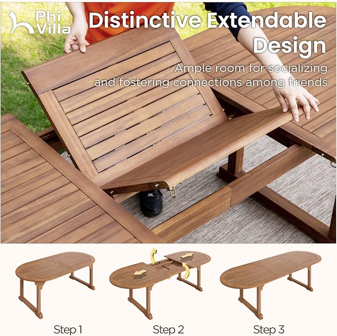 PHI VILLA Outdoor Dining Set for 6, Expandable Acacia Wood Table & Chairs | 7pc teak patio furniture set. Large farmhouse set for deck, porch, backyard.