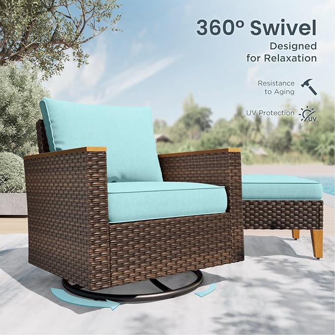 PHI VILLA Wicker Patio Furniture Set with Swivel Chairs, 11 Pieces Half Moon Outdoor Conversations Set, Oversized Rattan Patio Sectional Sofa with Ottoman, Aqua Blue Cushion