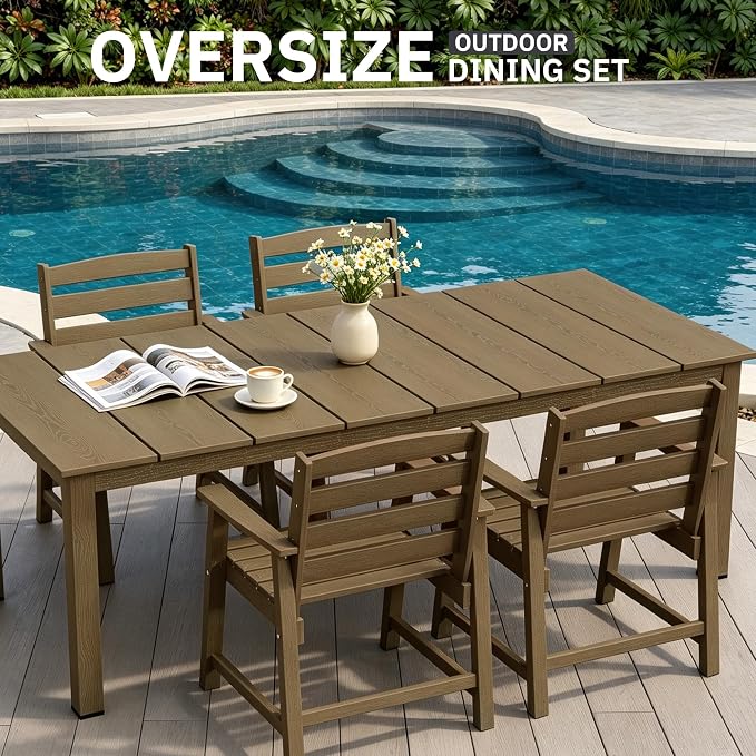 AreShark 5-Piece Outdoor Dining Set,HDPE Patio Table with 4 Armchairs,All-Weather Patio Furniture Set with Umbrella Hole,Low Maintenance Wood Grain Dining Set for Backyard,Garden,Poolside,Black