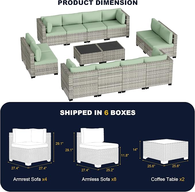 14-Piece Outdoor Patio Furniture Set, PE Wicker Rattan Sectional Sofa Conversation Set with Tempered Glass Table & Thick Cushions - All-Weather Garden, Backyard Furniture, Light Green