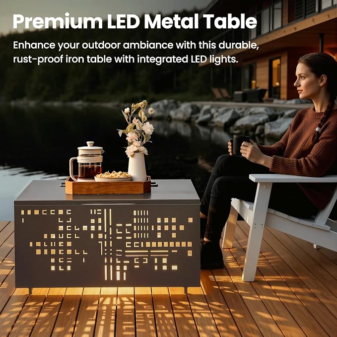 ovios 27" Outdoor Coffee Table with Solar Light, Patio Metal Table with Umbrella Hole and Cut-Out Design, Weatherproof Square Side Tables for Deck Porch Balcony Garden Backyard, Grey