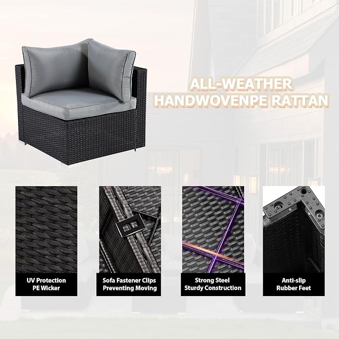 7 Pieces Patio Furniture Set - All-Weather Outdoor Rattan Sectional Conversation Sofa, Wicker Patio Seating Sofa Set with Cushion and Glass Table for Garden, Porch Poolside, Grey/Black