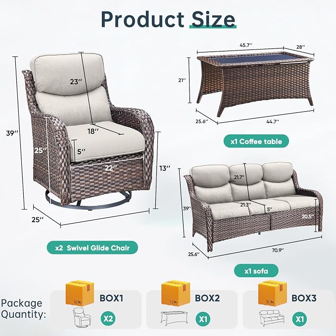 Outdoor Swivel Rocker Patio Chairs Set of 4 with Sofa - 5" Thick Cushion 4 Piece Furniture Set with Sofa All Weather Wicker Conversation Set for Porch Deck - Brown Wicker | Beige Cushions