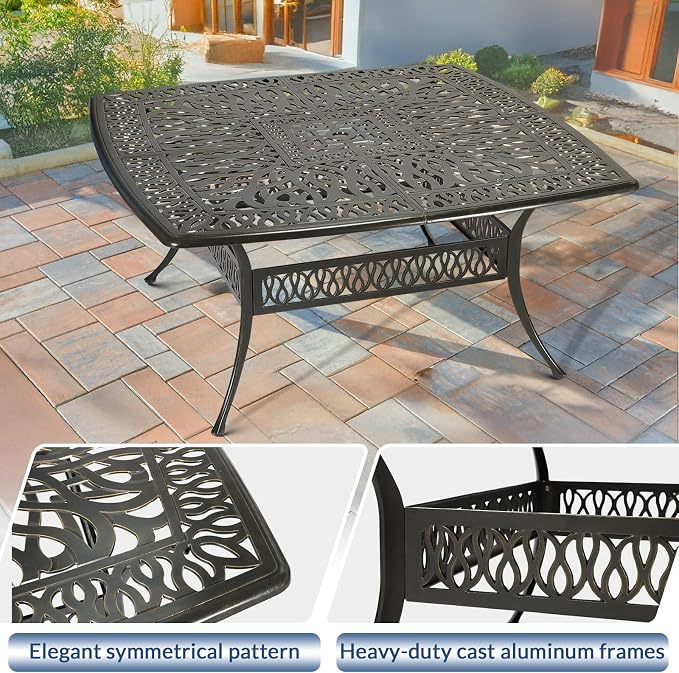 64" Large Outdoor Dining Table with 2.2" Umbrella Hole, Cast Aluminum Outdoor Patio Dining Table for 8 Person, All Weather Large Square Patio Table for Garden Lawn Backyard, Dark Bronze