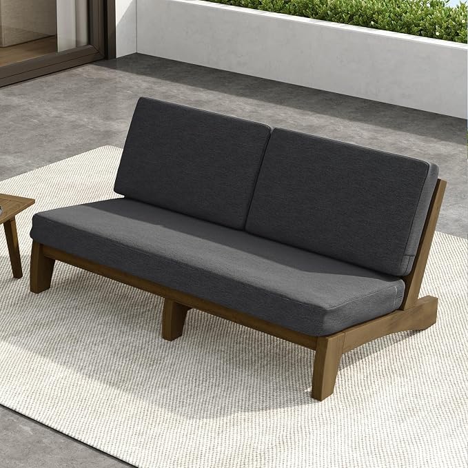 Outdoor Furniture Patio Couch, Weather Resistant 3-Seater Patio Sofa with Removable Cushion, Teak Wood Frame for Porch & Backyard Seating - Dark Gray