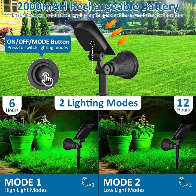 T-SUNUS Green Solar Spotlights Outdoor for Trees, Adjustable LED Solar Uplights for Yard Garden Landscape, Waterproof Auto On/Off Solar Lights (2 Pack)