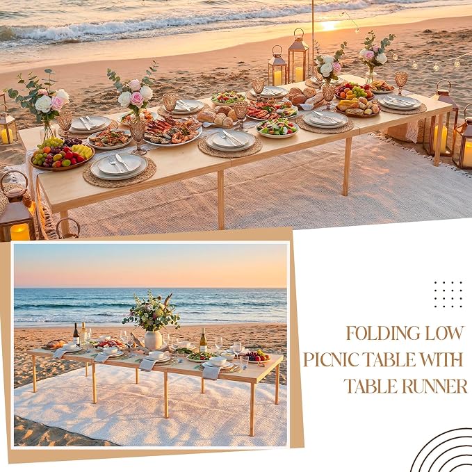 Novabright 90" x 30" Folding Boho Picnic Table with Woven Placemats and Table Runner Portable Low Picnic Floor Desk with Adjustable Legs for Beach, Wedding, Camping, 12 People, Tri-fold Style