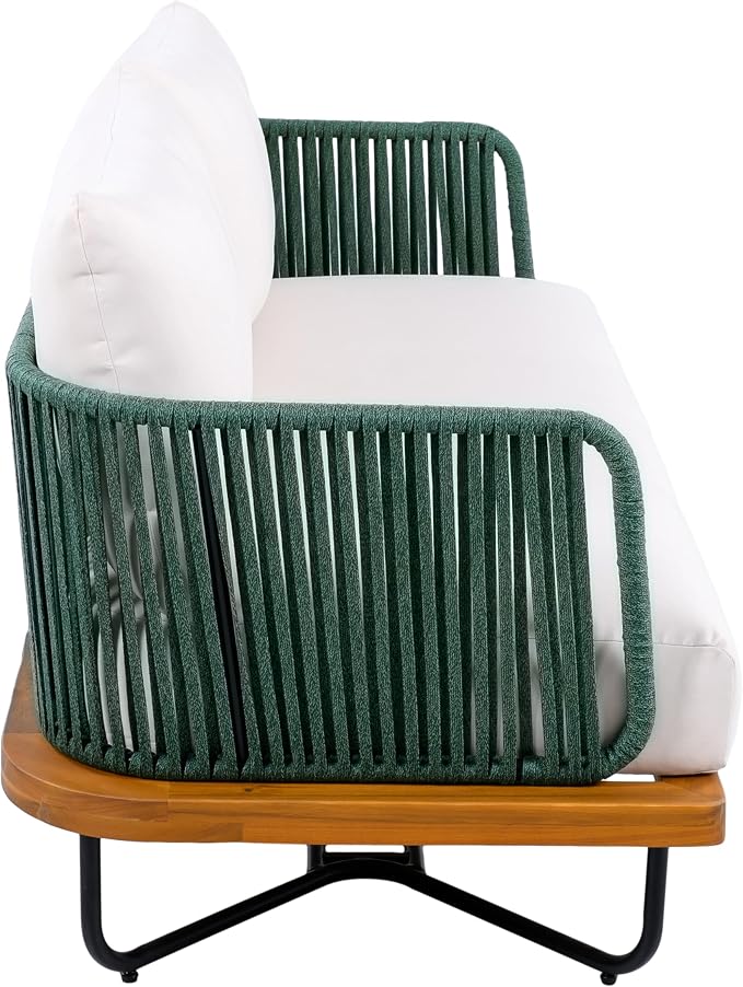 Christopher Knight Home Elly Acacia Wood Outdoor Loveseat and Coffee Table Set, 2 Piece Patio Furniture Set with Metal Frame, Outdoor Conversation Set with Cushion for Backyard, Green+Teak+ Beige