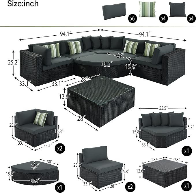 7 Pieces Outdoor Patio Furniture Set Wicker Rattan Sectional Sofa All-Weather PE Rattan Patio Conversation Set with Tempered Glass Top Table for Porch Garden Backyard Balcony and Poolside