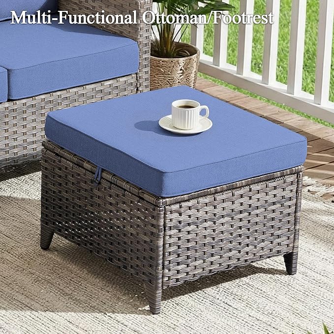 Luxury Patio Furniture sofa Set - 10 Pieces All Weather Wicker Outdoor Couch and High Back Swivel Rocker Patio Chairs with Glass coffee table for Deck Yard and Poolside Gray Wicker | Blue Cushions