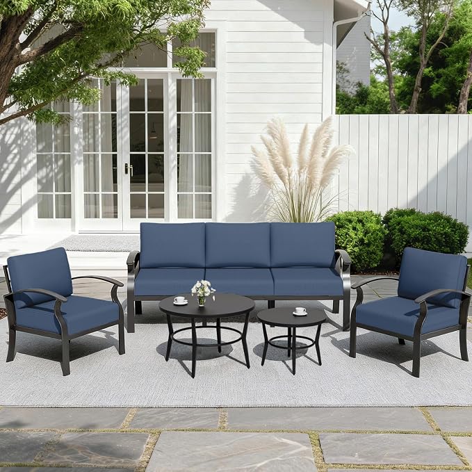 ALAULM Aluminum Patio Furniture Set with Round Coffee Tables, 5-seat Outdoor Sectional Furniture w/5.1" Cushions, Patio Conversation Set for Porch, Backyard, Poolside-Dark Blue