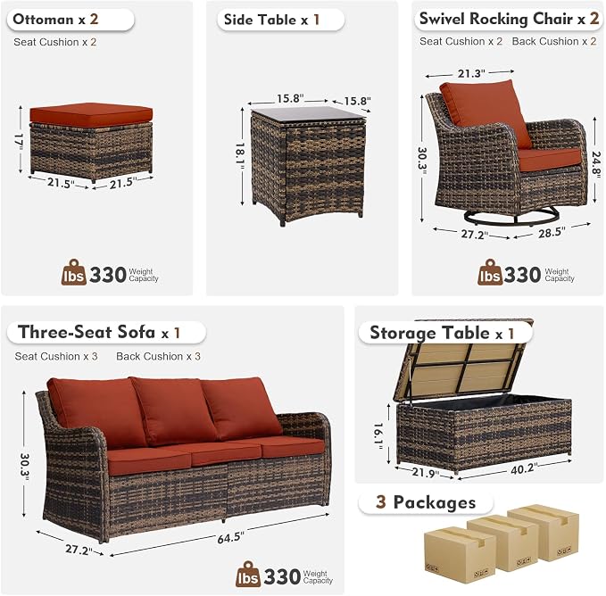 MEISSALIVVE 7 Pieces Patio Furniture Set with Swivel Chair, Outdoor Patio Conversation Set, Patio Sectional Furniture Set with 2 Swivel Rocker Patio Chair and Sofa, 2 Ottomans and Coffee Table (Red)