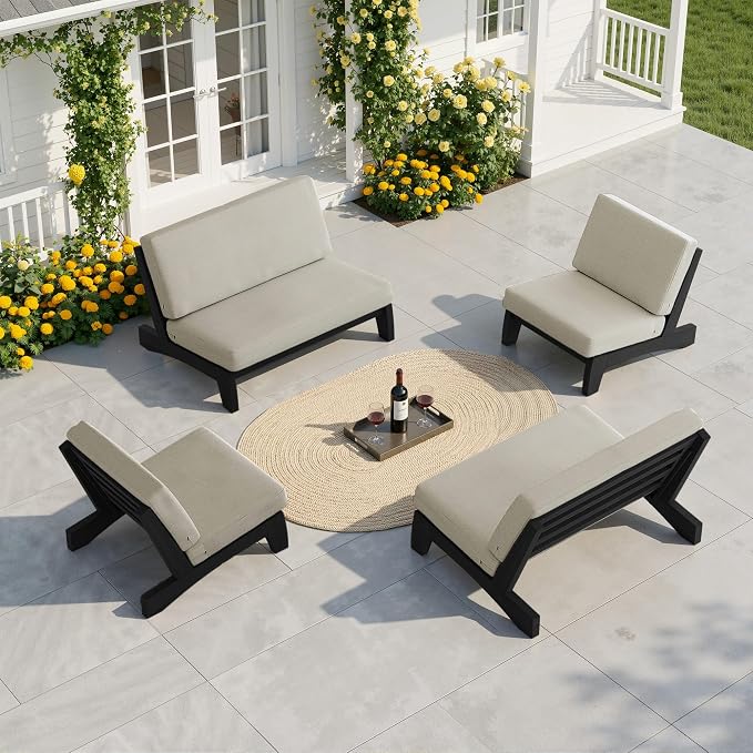 Pia Ricoo 4 Piece Patio Furniture Sets, Outdoor Furniture with 2 Chairs & Coffee Table, Patio Conversation Set for Backyard, Deck, Lawn, Light Camel Cushion, Dark Wood