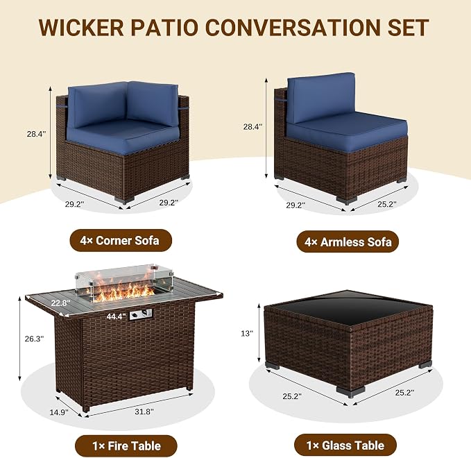 Patio Furniture Set with 44'' Propane Gas Firepit Table, 10 PCS Modular Outdoor Sectional Conversation Sets, All-Weather Wicker Patio Set for Backyard, Navy (Waterproof Covers Included)