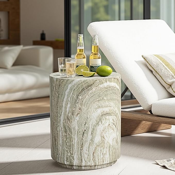 LuxenHome 18" Outdoor Side Table, Green and White Marbled Round Side Table, Indoor Outdoor End Tables for Patio, Modern Small Round Side Tables for Outside, Garden Stool for Indoor and Outdoor