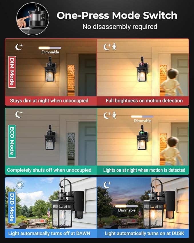Gleamz Adjustable Time & Distance Motion Sensor Porch Light with GFCI Outlet, Modern Exterior Lighting Fixtures, Black Outdoor Lanterns for Porch, House, Patio, Garage, Waterproof, Aluminum, 1 Pack