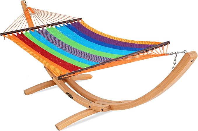 Lazy Daze Hammocks 2 Person Caribbean Rope Hammock with Wood Stand, 10.5FT Polyester Hammock with Spreader Bars, 13FT Heavy Duty Stand Combo, 450 LBS Capacity for Outdoor Backyard Poolside, Multicolor