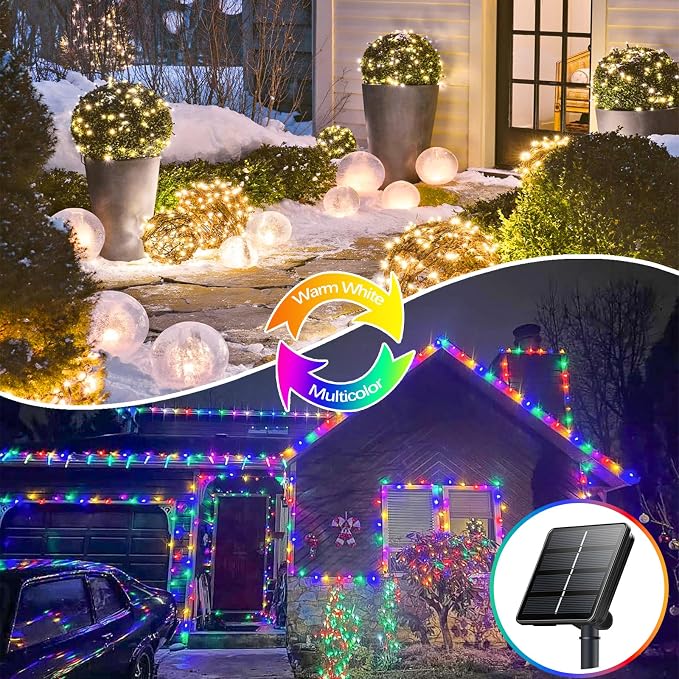 Solar Fairy Lights, 2 Pack Total 400LED 144FT Warm White to Multicolor | Waterproof Color Changing Solar String Lights Outdoor, Copper Wire, 8 Modes Solar Twinkle Lights for Tree Garden Yard Decor