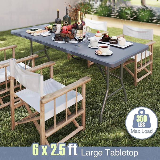 Goplus Folding Table, HDPE Portable Table with 6 ft Long Tabletop, Metal Frame Picnic Camping Table with Safe Lock, Collapsible Dining Table for Camping, Picnic, Party (Gray, 6 FT)